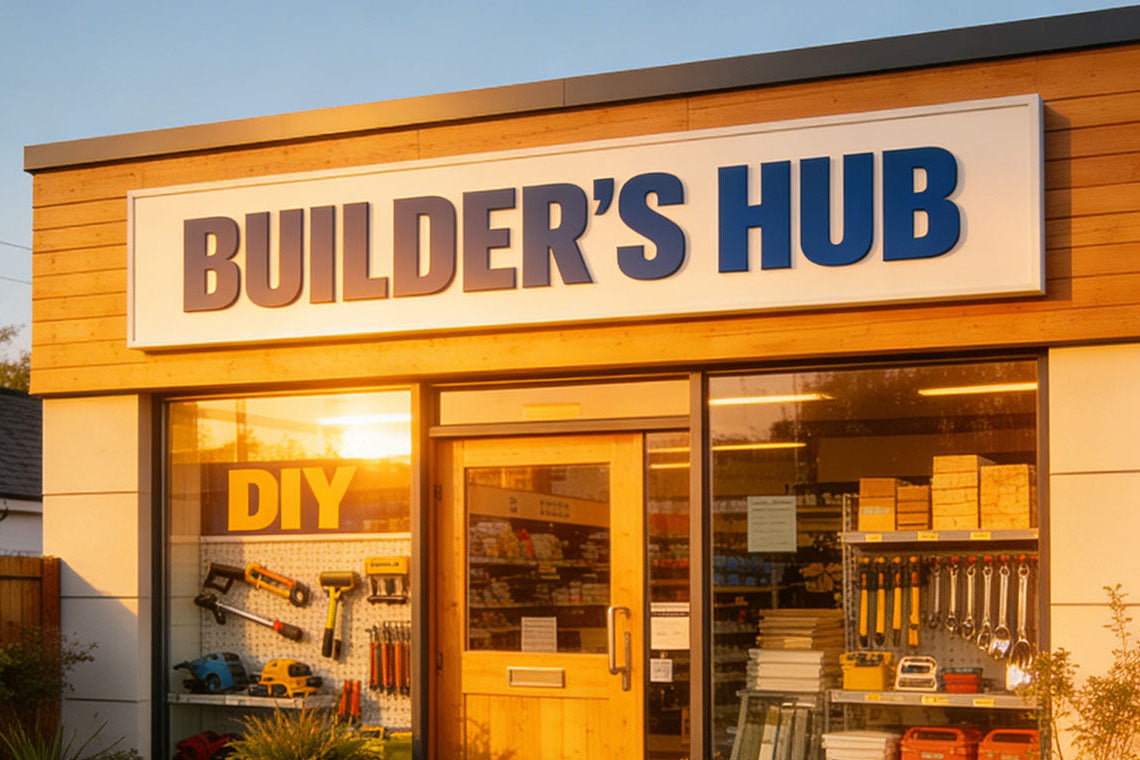 Storefront of 'Builder's Hub' with tools and supplies displayed highlighting the store's style