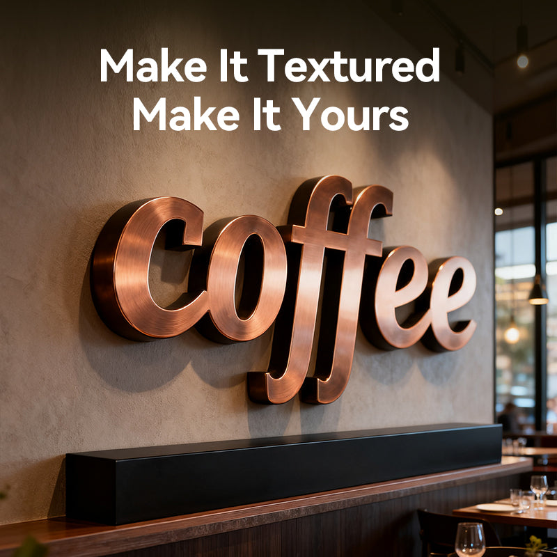 Textured 'Coffee' sign on a wall showing a simple and tidy dining environment