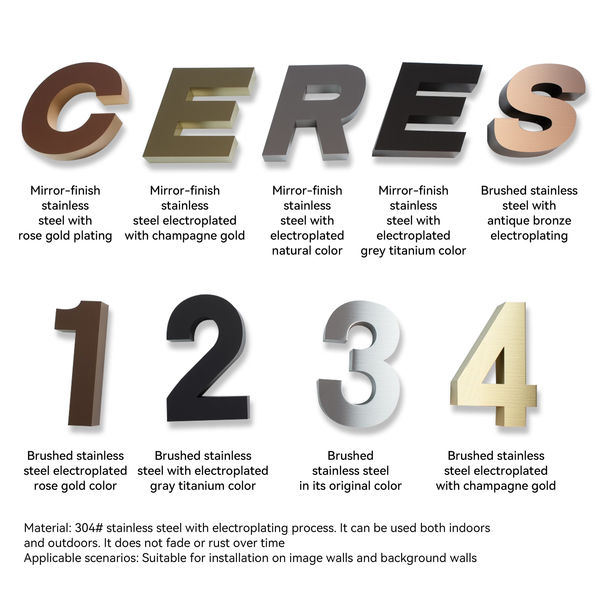 A set of metallic numbers and letters in various colors including gold, silver, and black, with a textured 3D appearance.