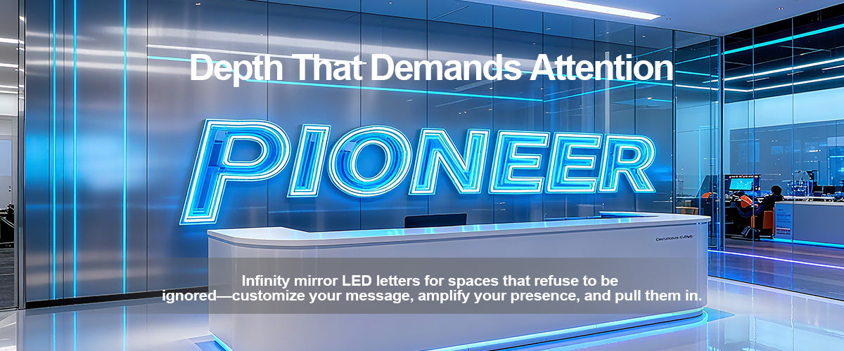 modern office interior with 'Pioneer' infinity mirror led letters on wall