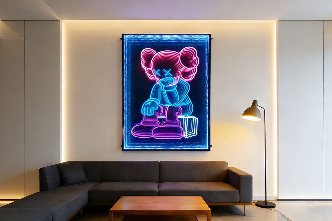 Neon sign of a cartoon character on a wall above a sofa in a modern living room.