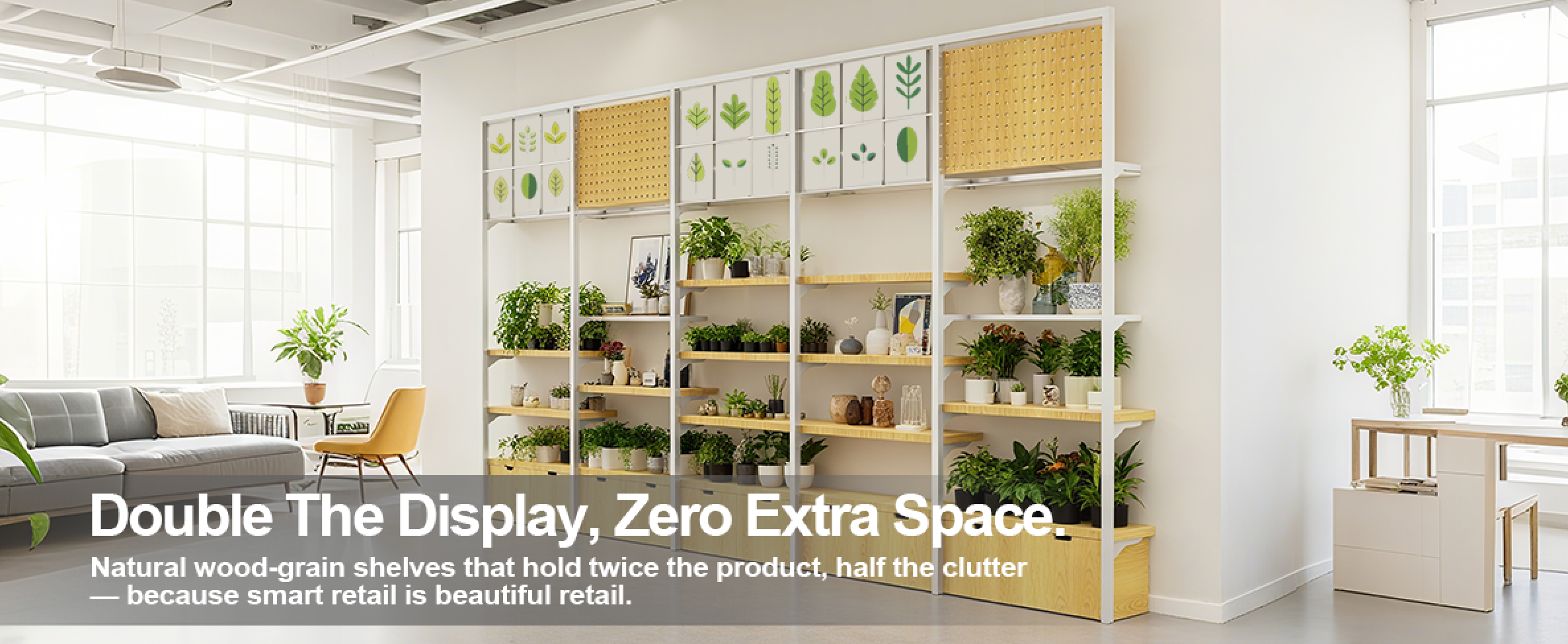 Modern living room with a large wood-grain shelve displaying various items.