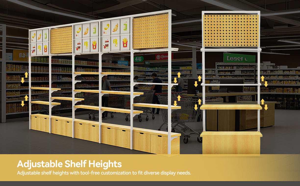 Adjustable shelf heights with tool-free customization to fit diverse display needs