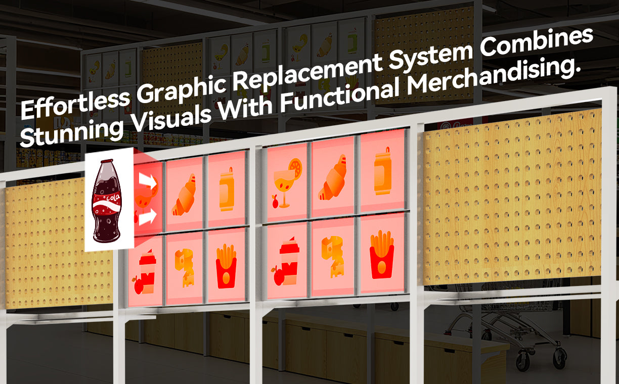 effortless graphic replacement system combines with functional merchandising