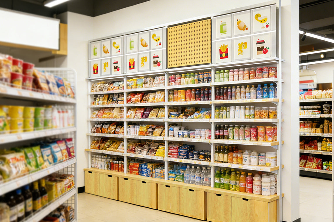 Supermarket aisle with shelves stocked with various products