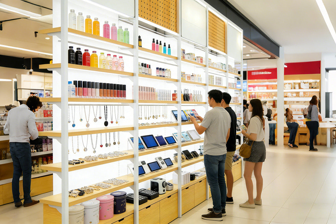 People shopping in a store with shelves stocked with products.