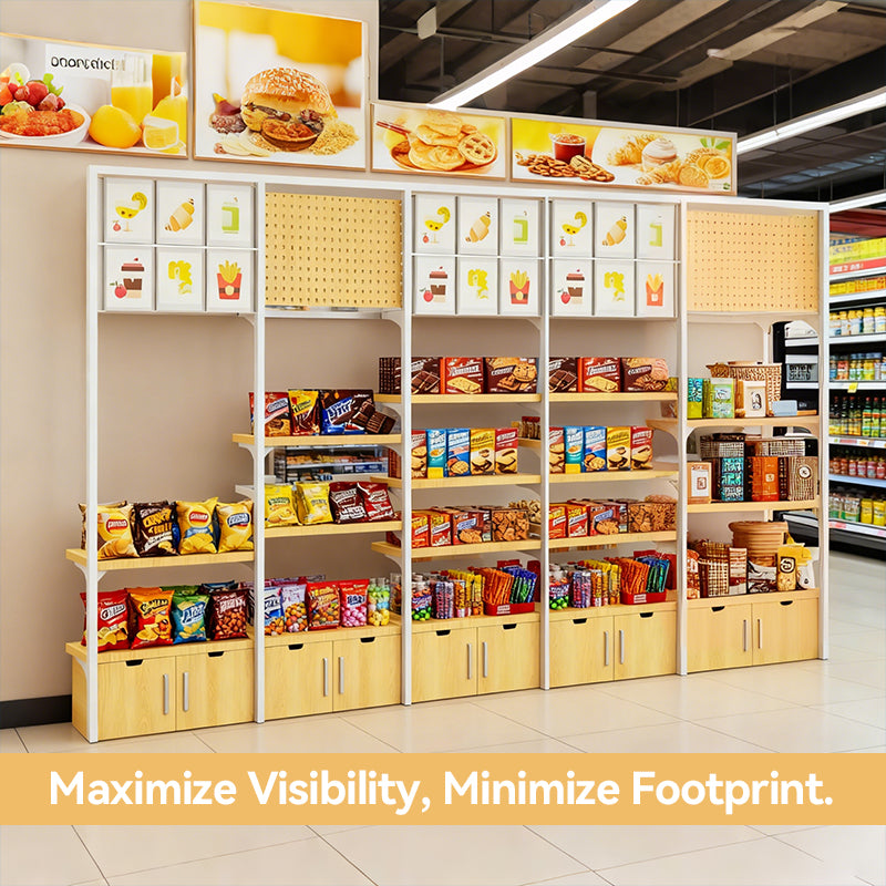 double-sided wood grain retail wall shelf display for supermarket and convenience store products
