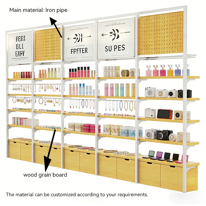Display shelf with various products and customizable material options indicated.