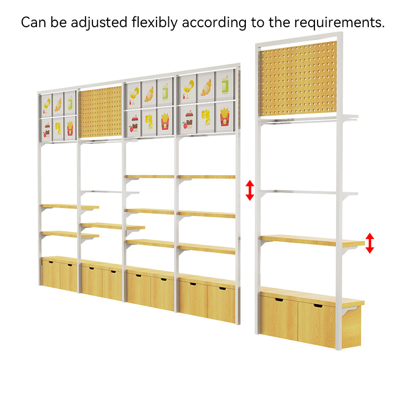 detail of height adjustable shelves on retail wall shelf for versatile product display and organization