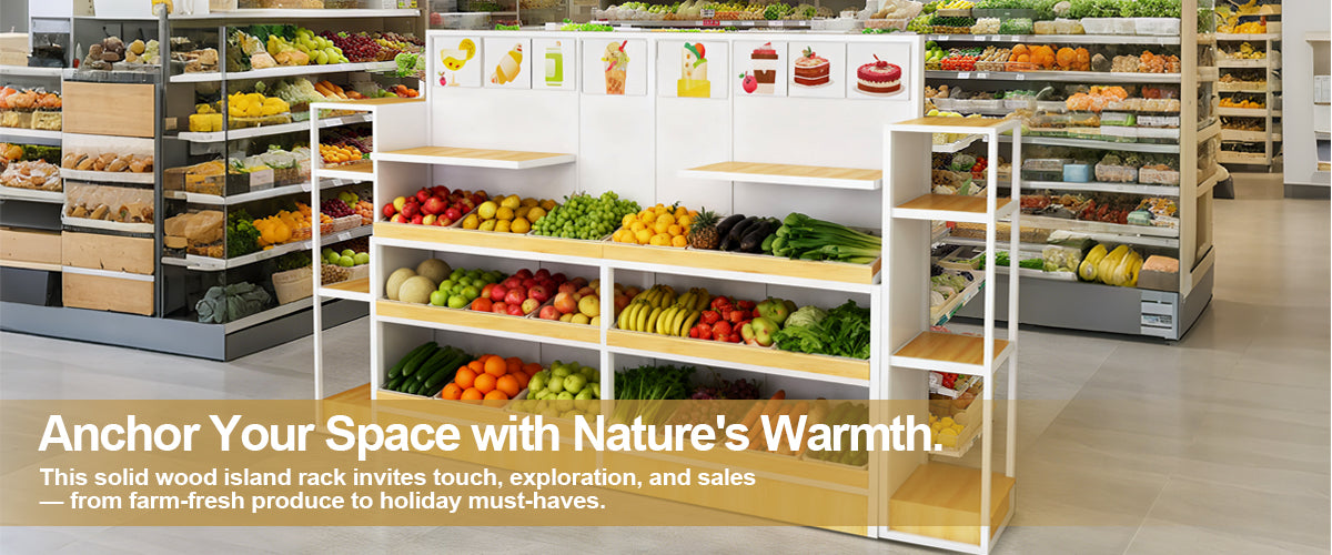Grocery store interior with a wooden display shelf 