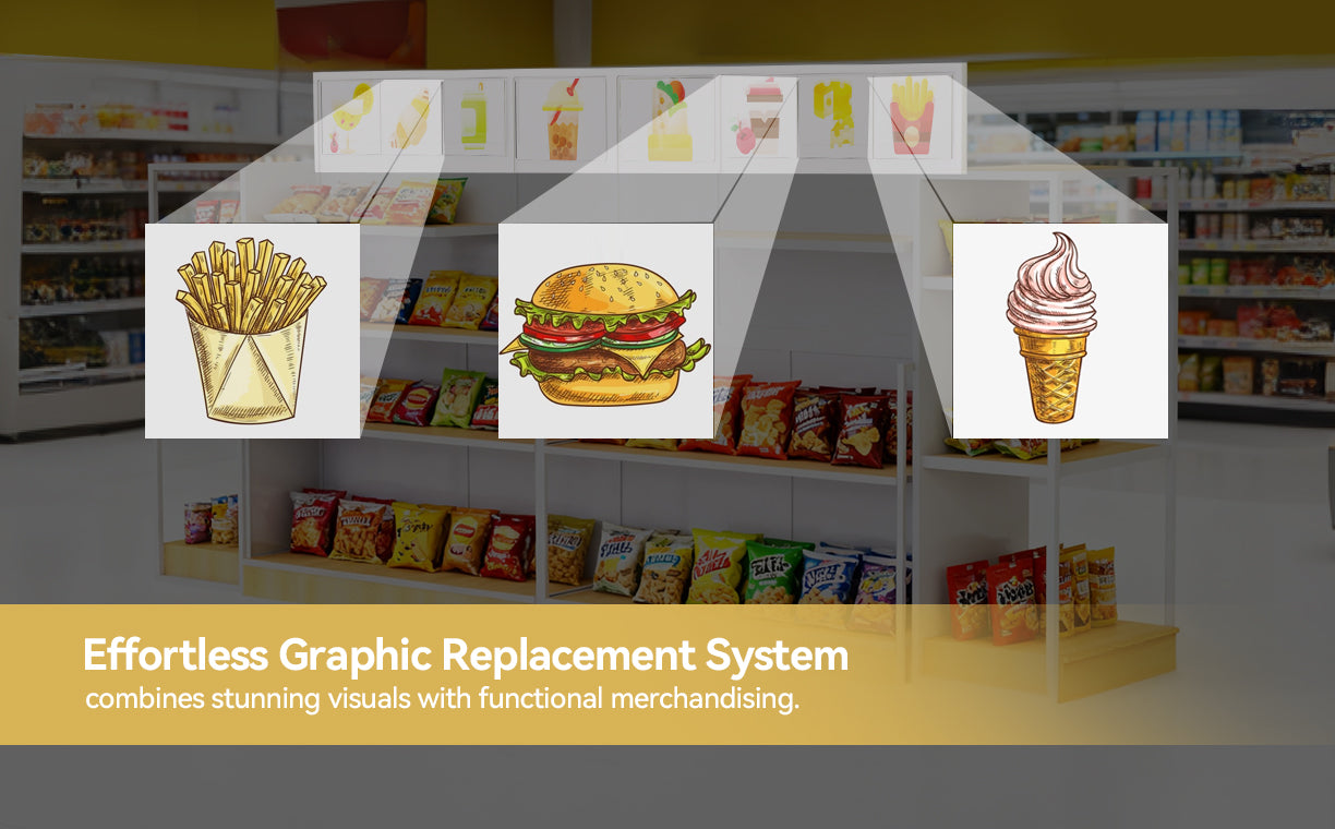 Graphic replacement system with snacks icons in a store setting