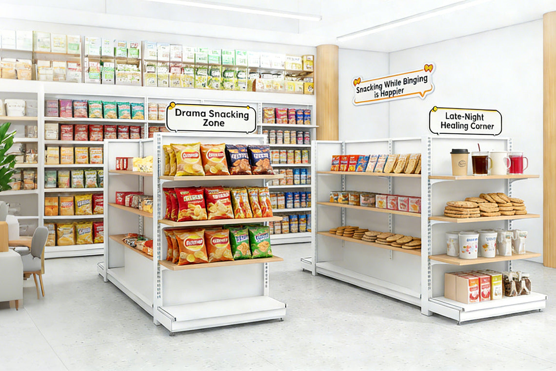 convenience store interior with snack and food displayed on the island-style shelf