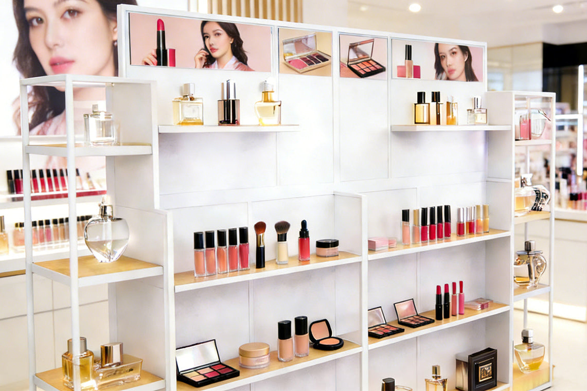 Display of various makeup products on shelves in a store setting.