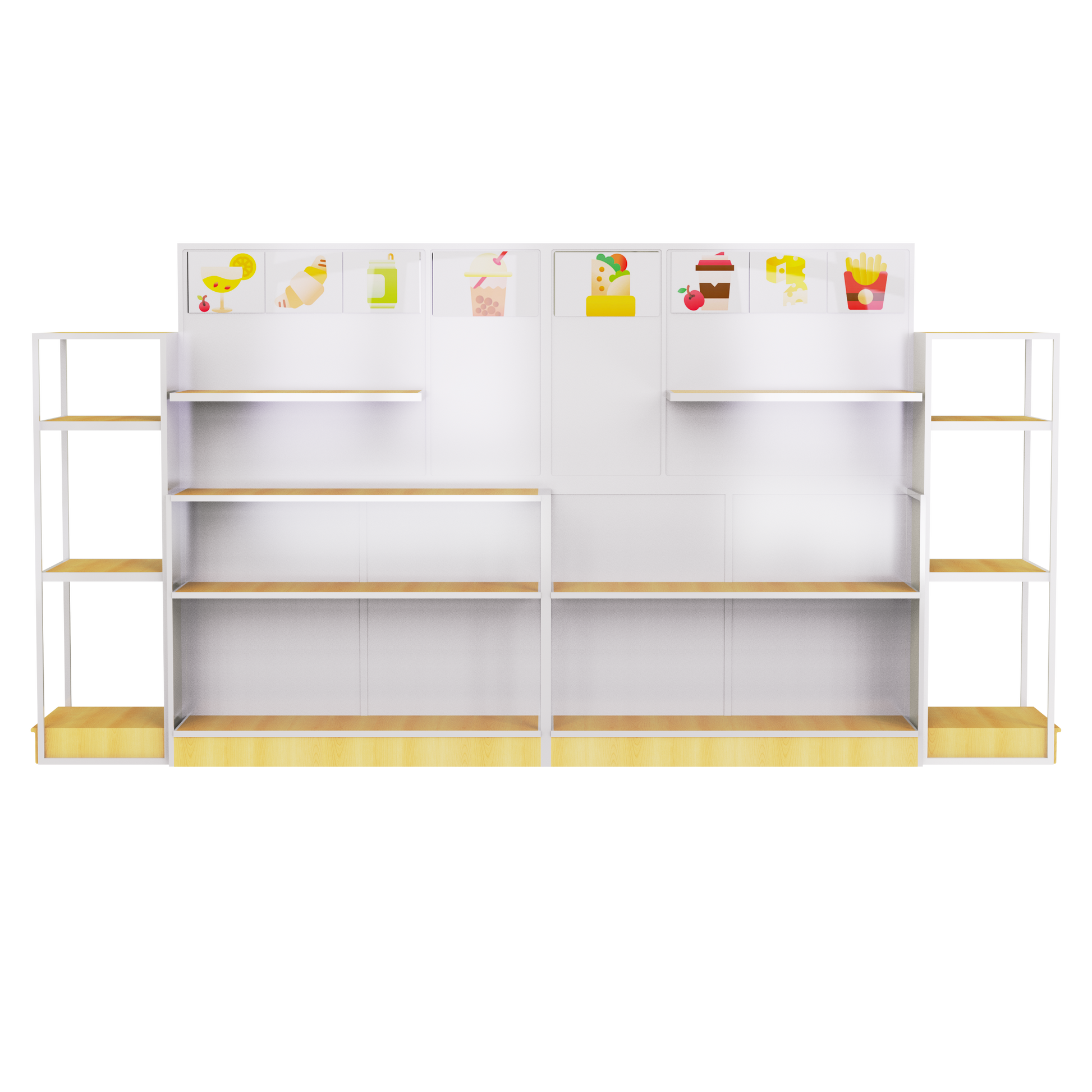 adjustable shelving double-sided wood-grain island display stand is suitable for various retail spaces.