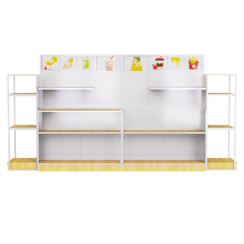 adjustable shelving double-sided wood-grain island display stand is suitable for various retail spaces.