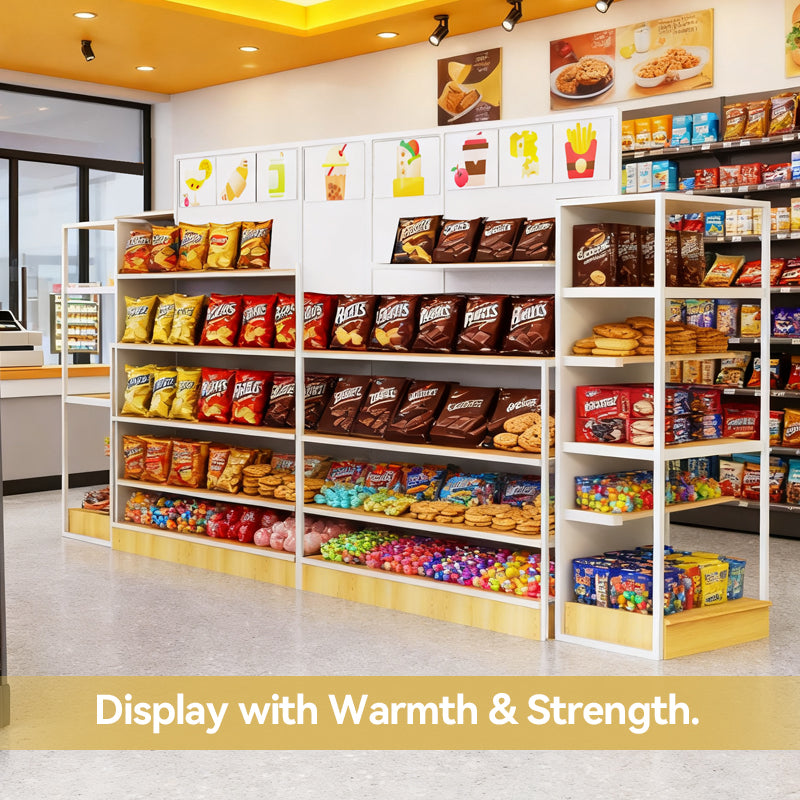 island storage shelves stocked with various snacks and products in a retail setting.