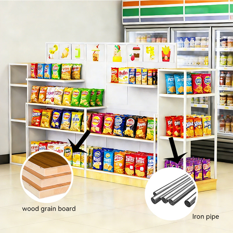 Supermarket shelves with snacks, close-up of wood grain board and iron pip