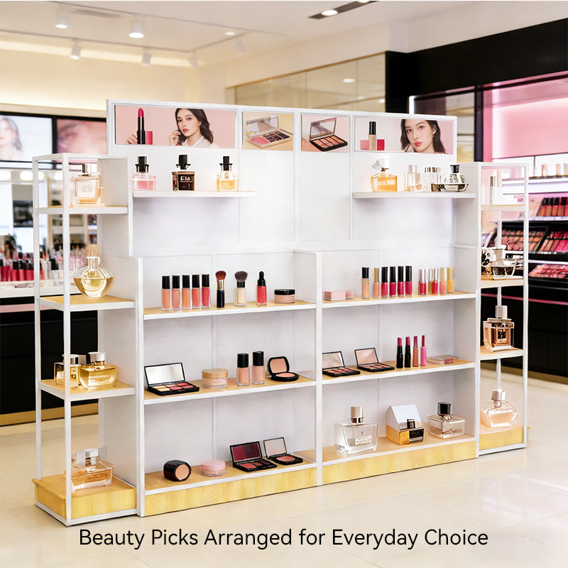 Display of beauty products in a store with shelves and promotional images.