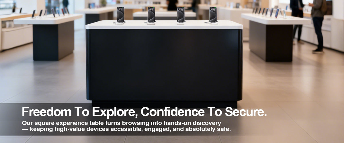 Display area with electronic devices on a square experience table in a store setting.