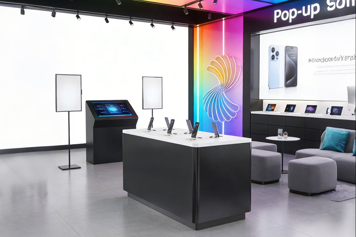 Square island cabinet that showcases smartphones in a full view
