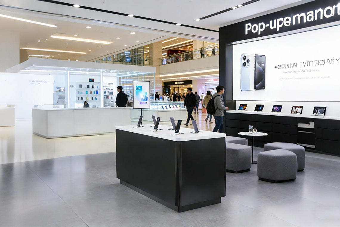 Modern electronics store with display cabinets and promotional signs in a mall setting.