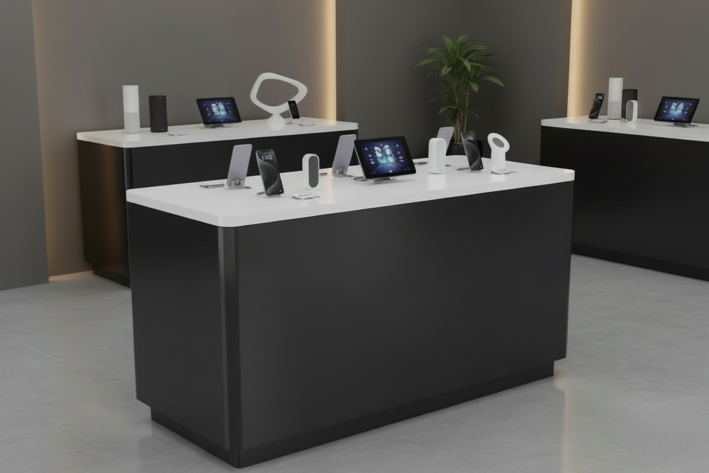 Square digital device cabinet showcasing mobile devices