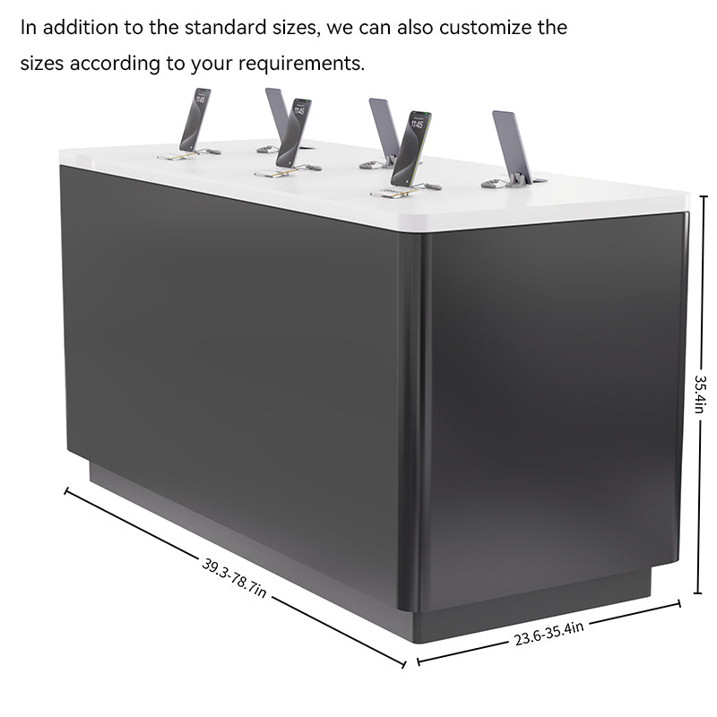 side view of square digital device island display cabinet showing dimensions and customization provided