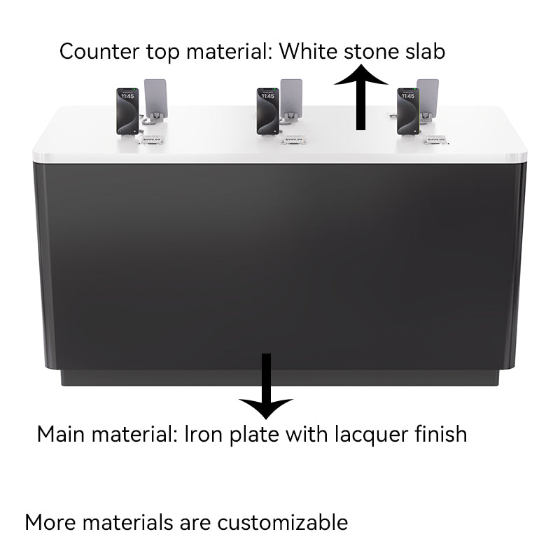White stone slab counter top with iron plate finish of square digital device island display cabinet