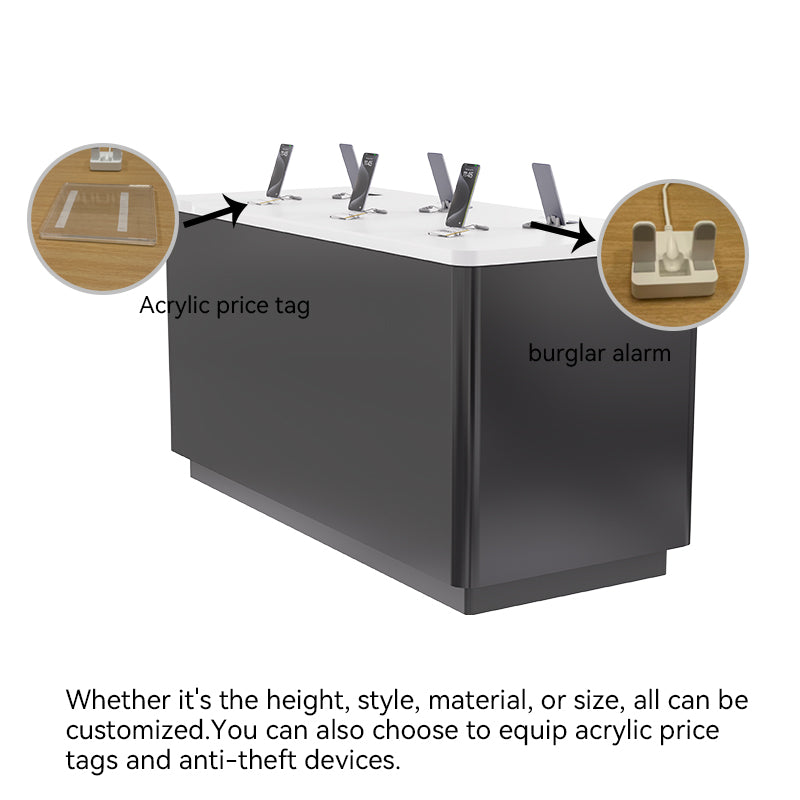 detail of anti-theft acrylic label holder and optional hardware on square digital device island display cabinet