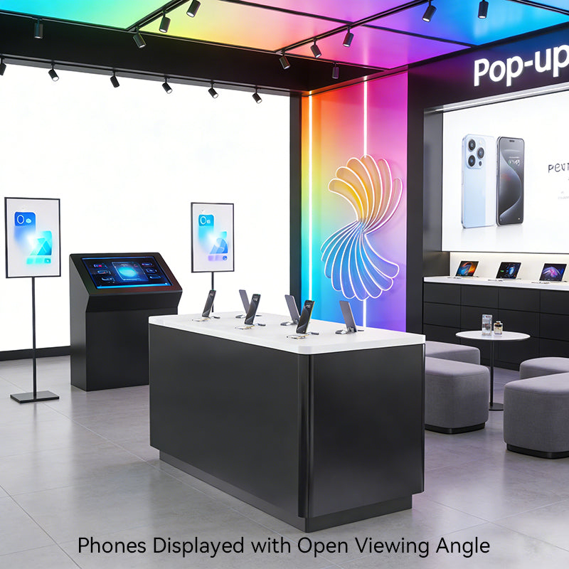 square digital device island display cabinet installed in retail store showcasing devices for customer interaction