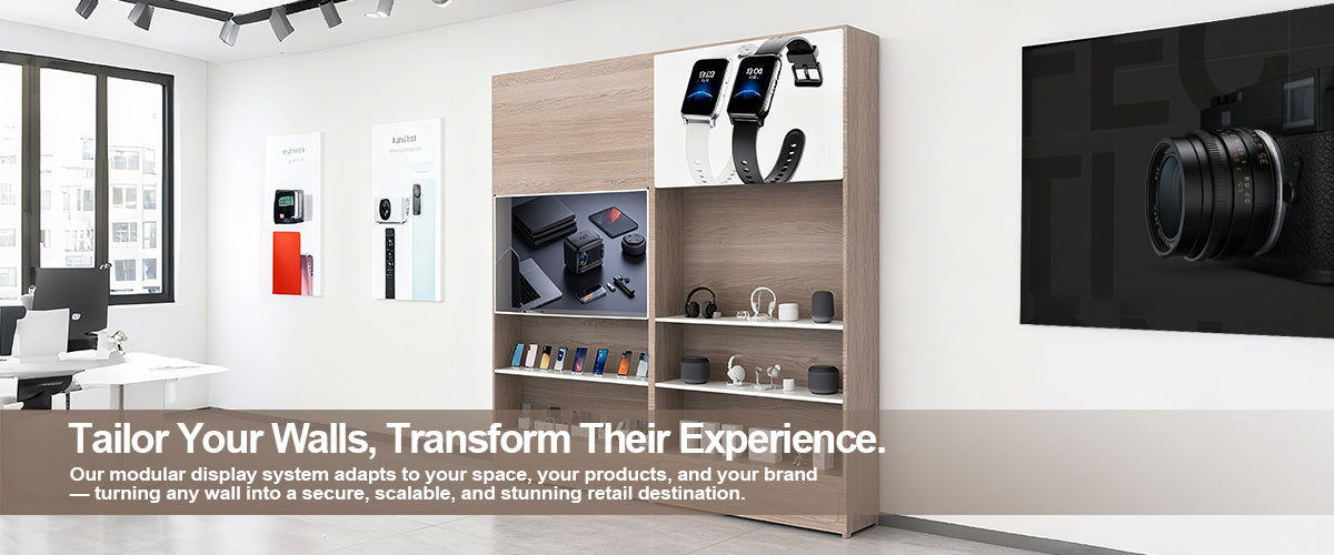 Modern office interior with a modular wall cabinet displaying various products.