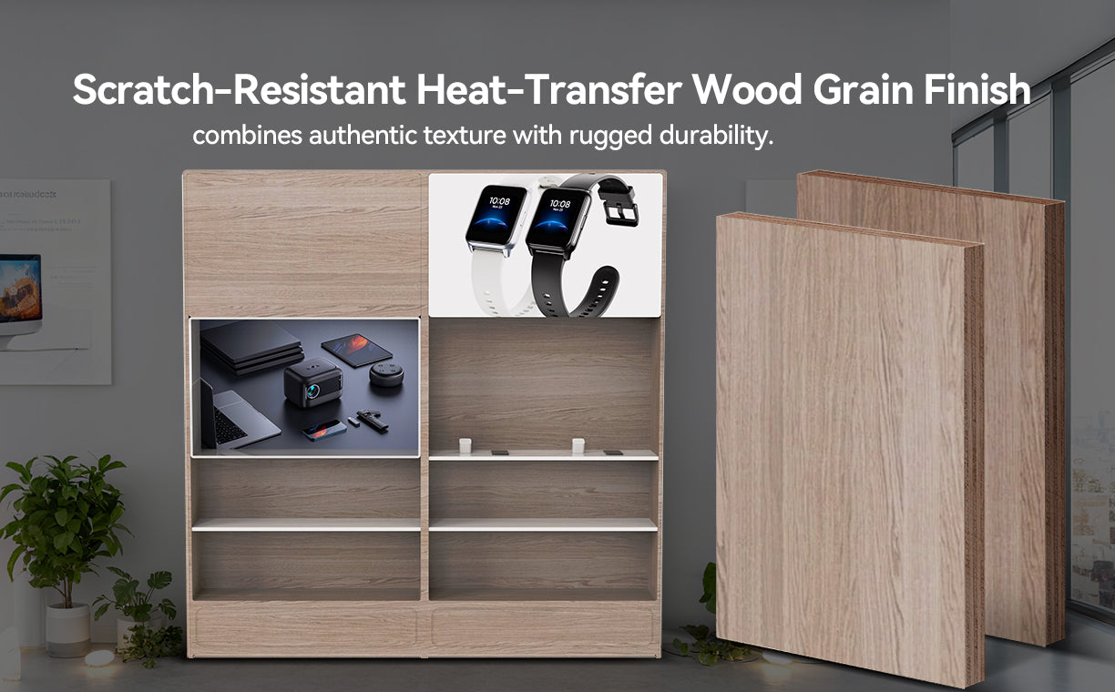 Wooden display cabinet with scratch-resistant heat-transfer wood grain finish in a room setting.