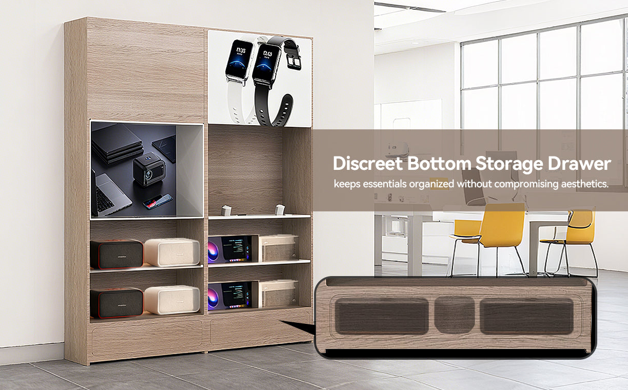 Wooden wall display cabinet with discreet bottom storage drawer in a modern living room setting.