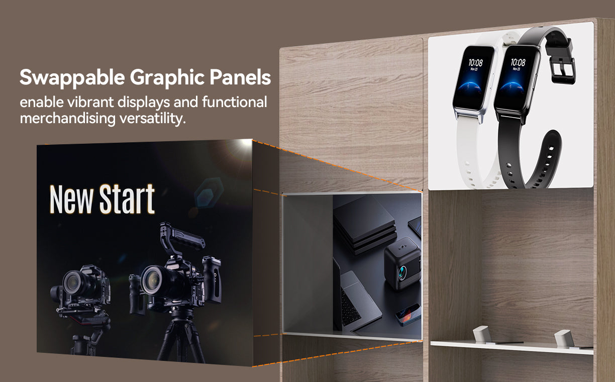 Swappable graphic panels for vibrant displays and functional merchandising versatility.
