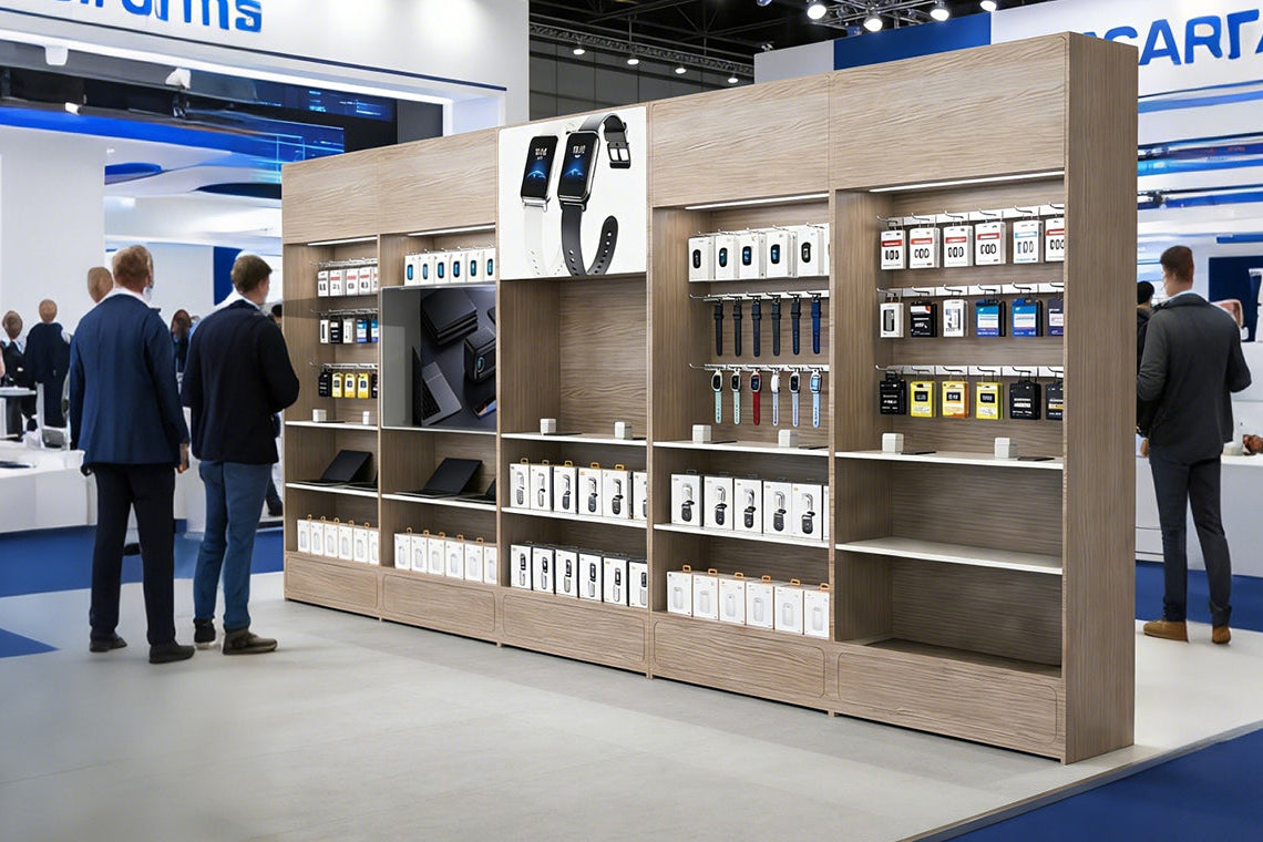Display of electronic devices on cabinet at a trade show or exhibition.