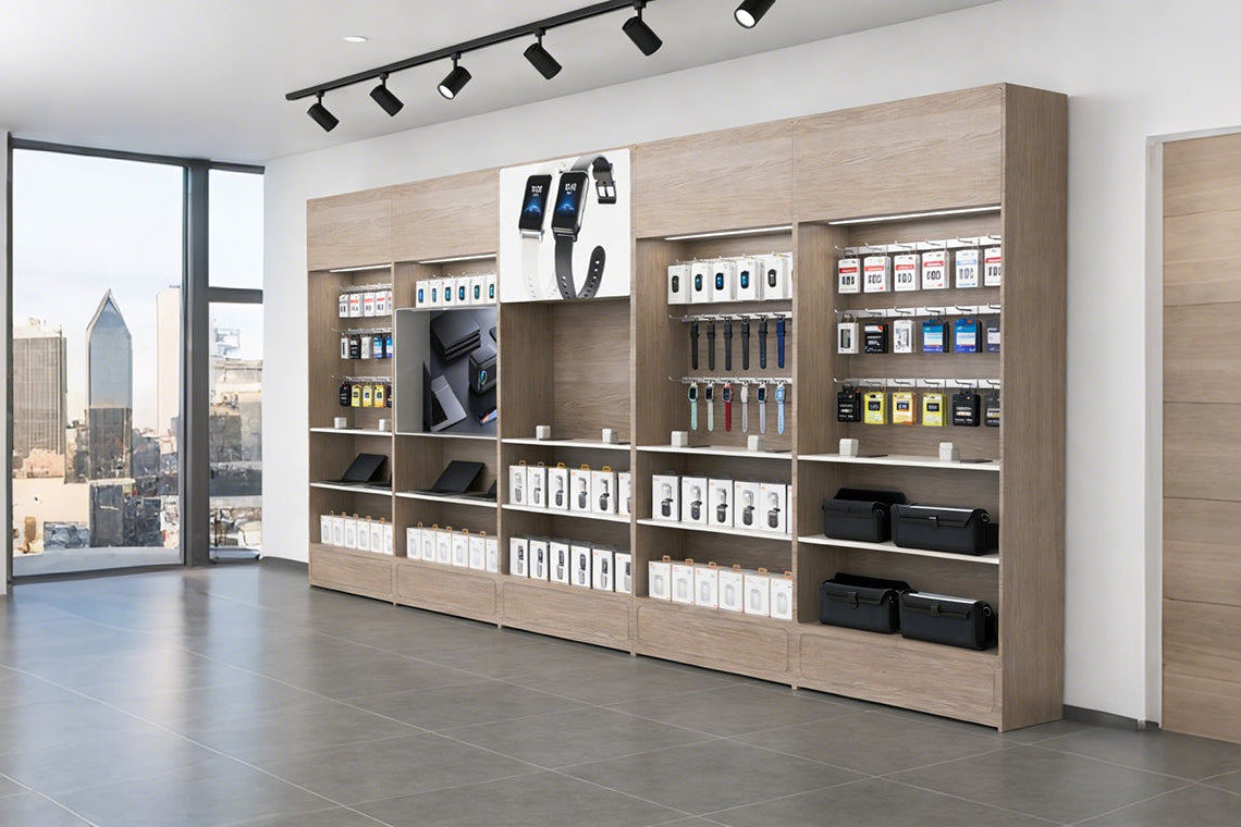 Modern store interior with wooden shelves displaying various products.