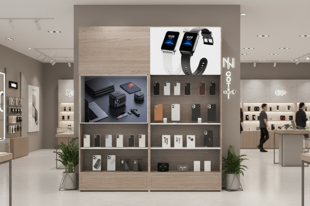 Floor-standing accessory cabinet against wall