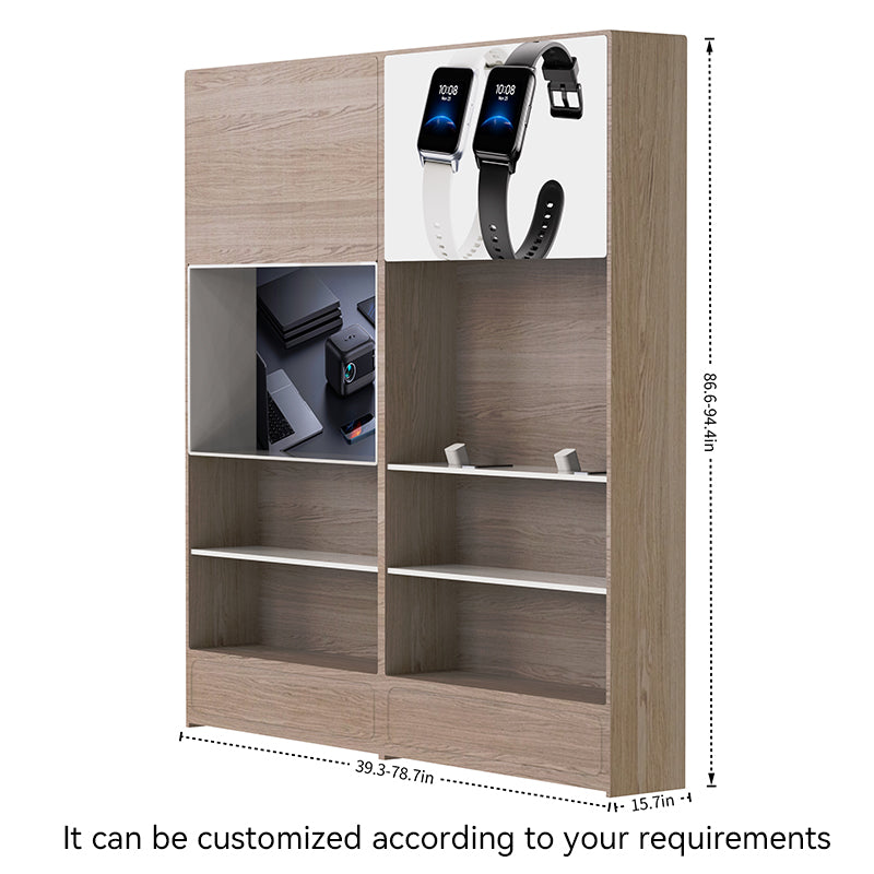 wooden display cabinet with shelves showing custom dimensions 