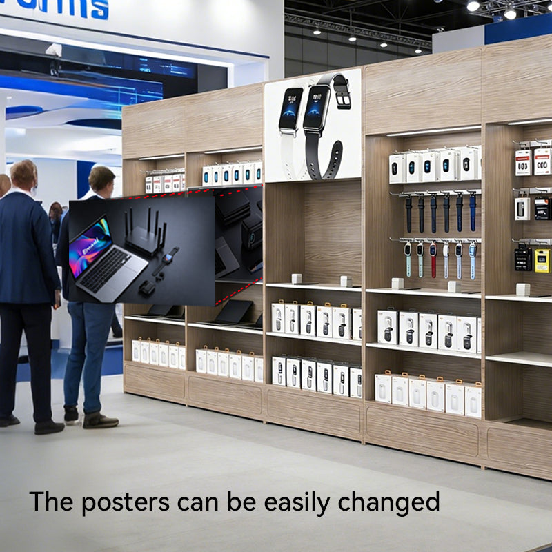 A wall-mounted mobile display cabinet with easily replaceable graphic panels, suitable for promotional displays.