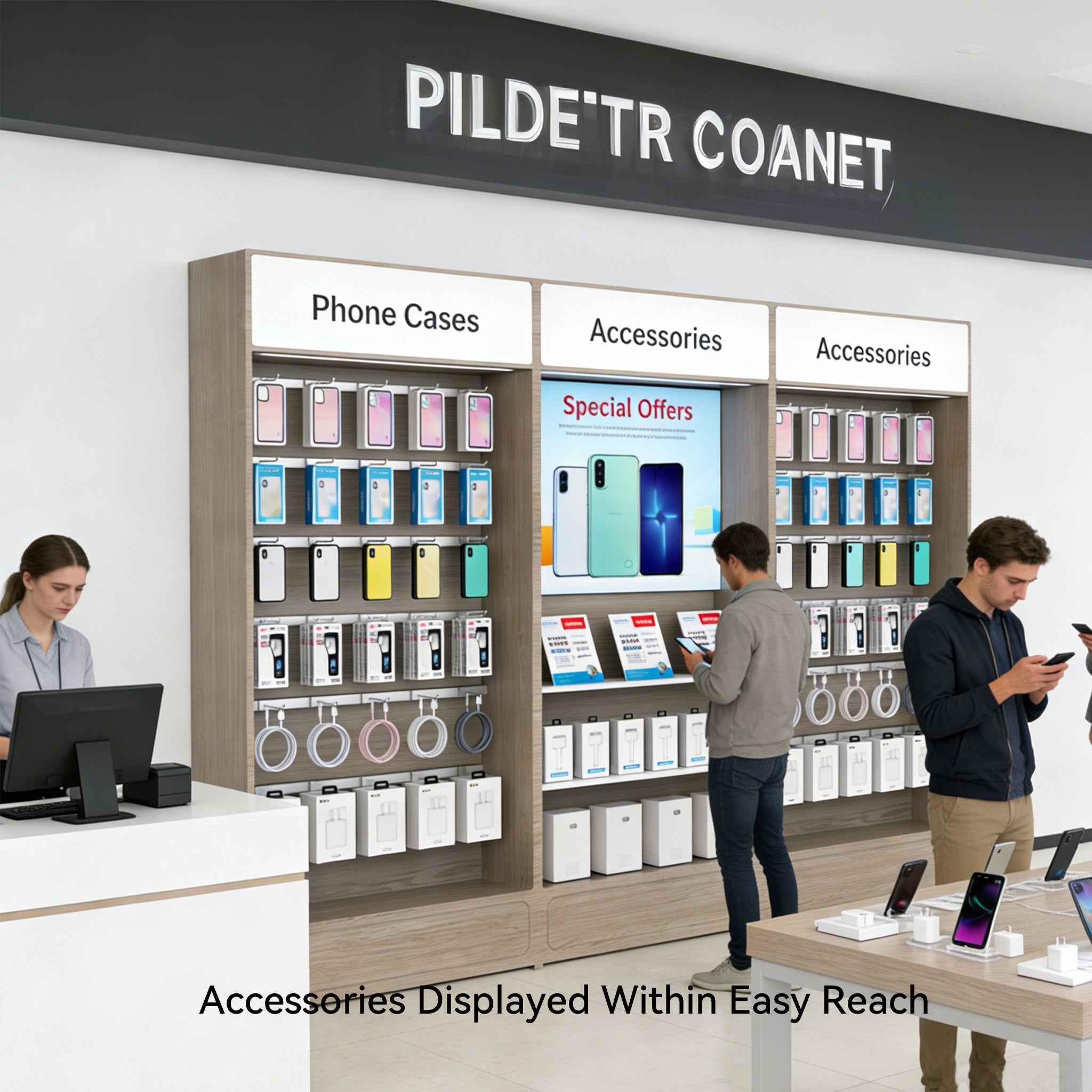 wall mobile accessory display cabinet installed in store showing accessories displayed for quick customer browsing