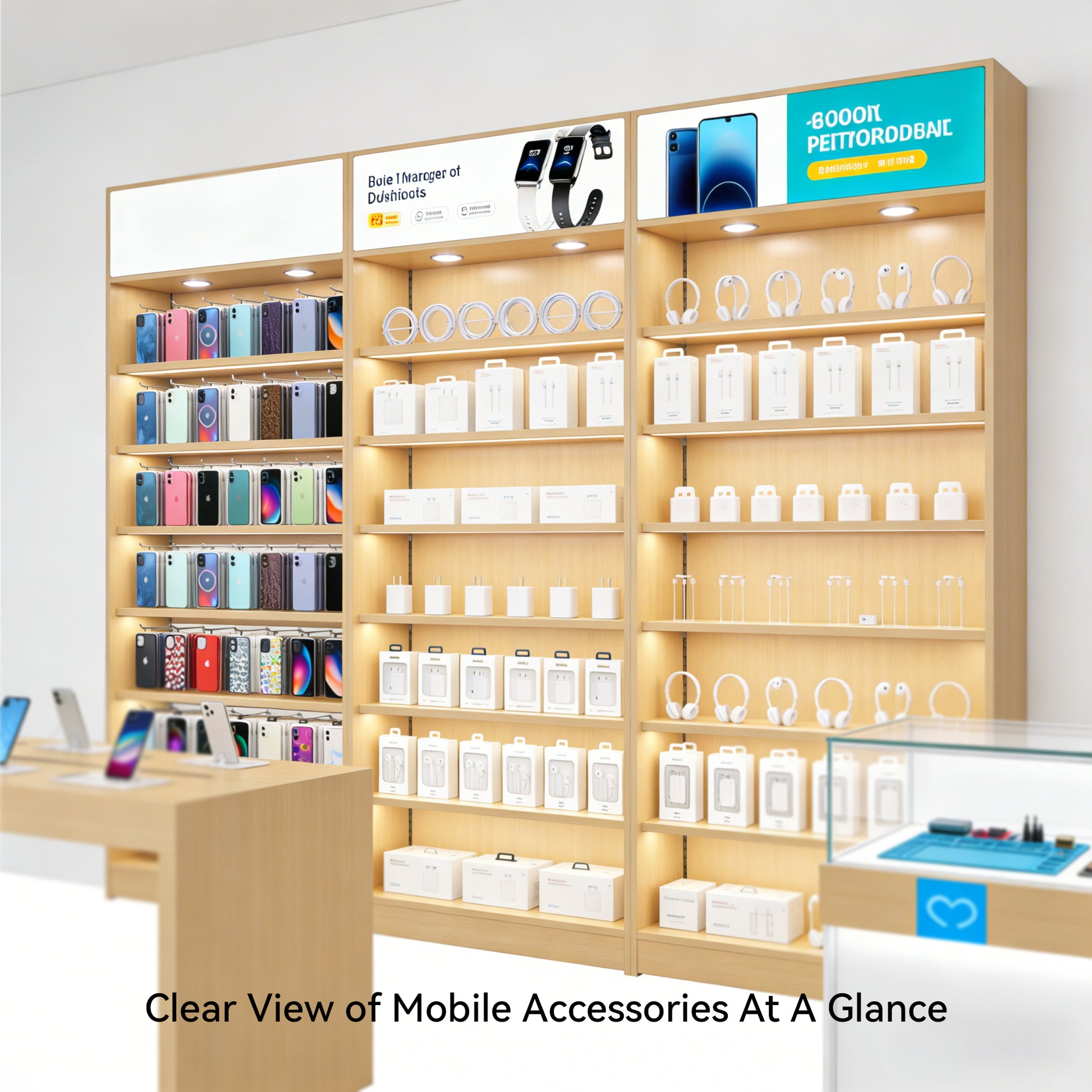 Various accessories of the e-retail store are neatly displayed with  mobile accessory display cabinet