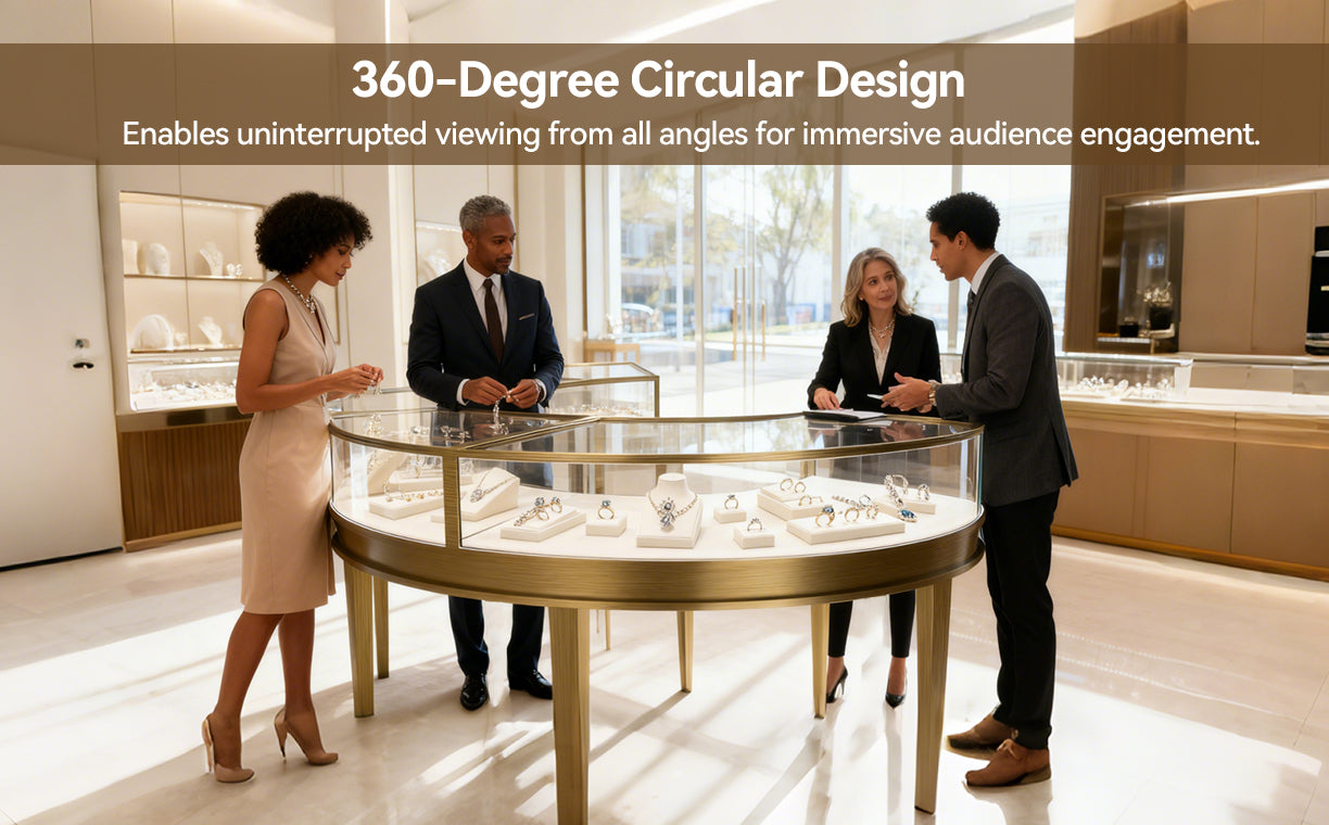 Group of people interacting around a circular display table in a modern setting