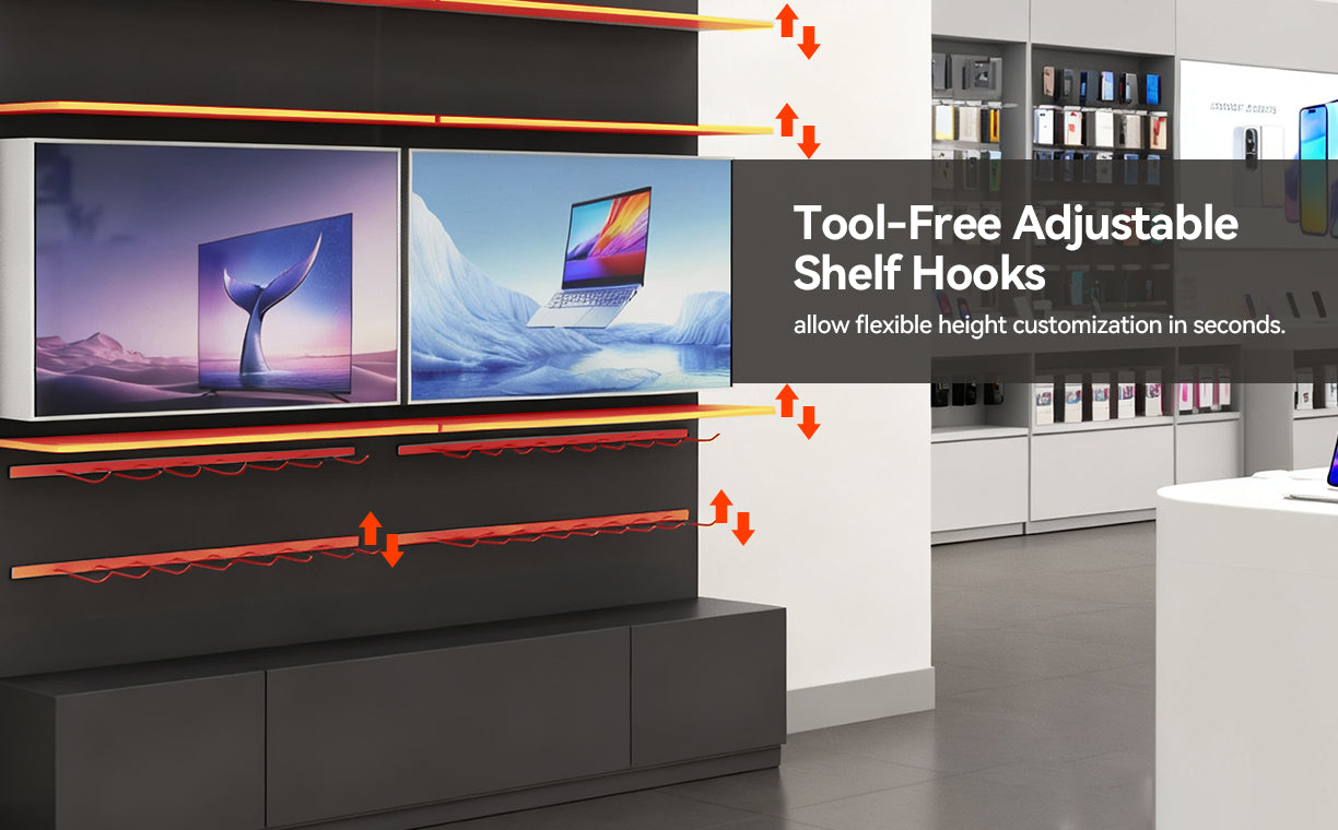Tool-free adjustable shelf hooks allow flexible height customization in seconds