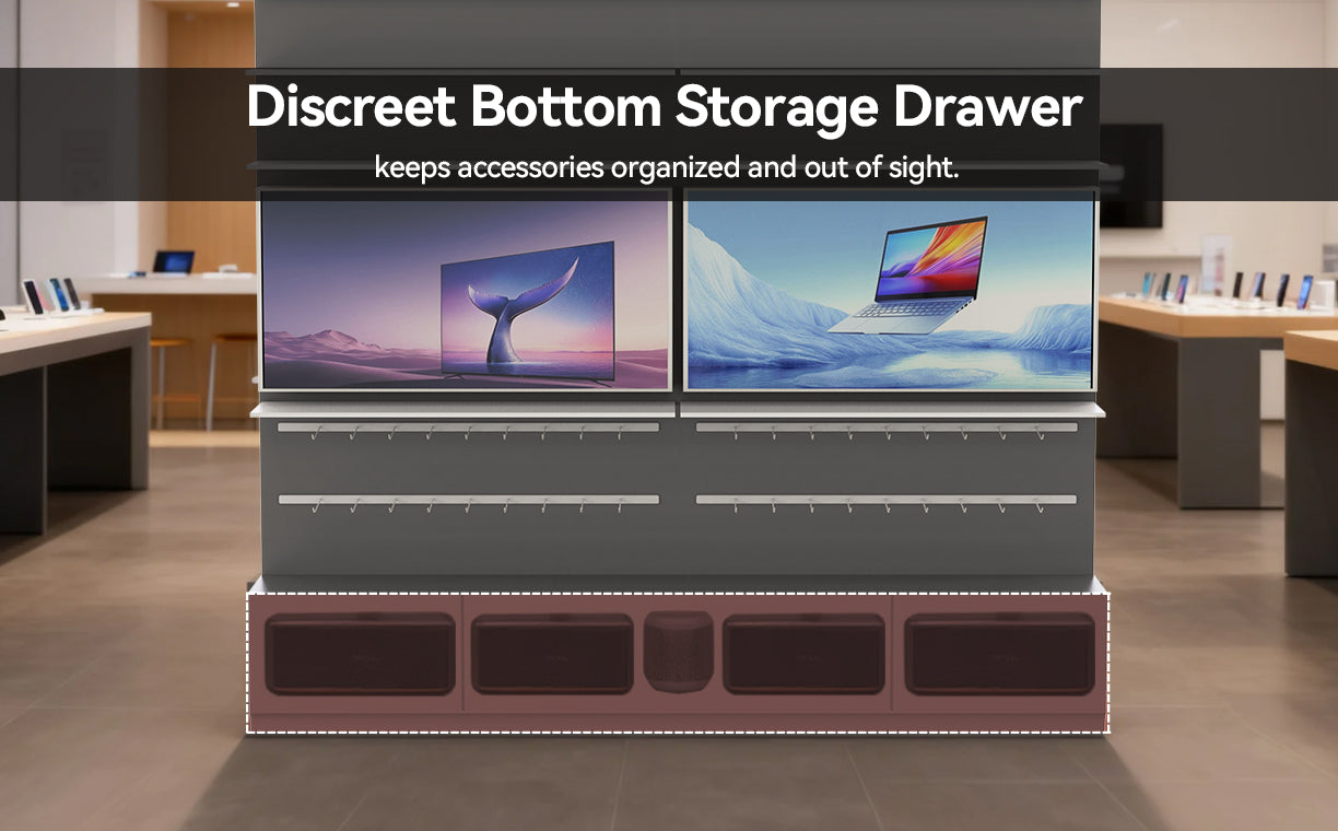 Discreet bottom storage drawer keeps accessories organized and out of sight