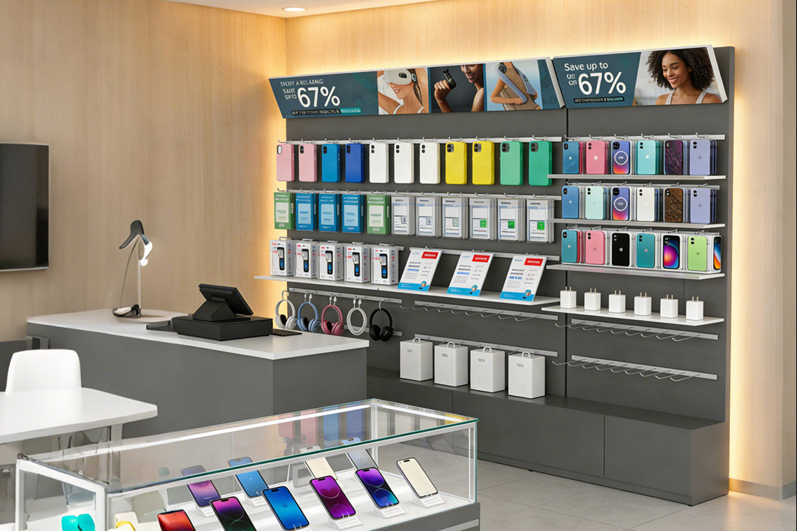 The accessory display cabinet behind the cashier counter