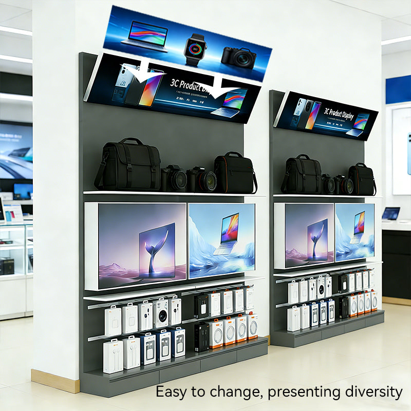 metal wall mobile accessory display cabinet with changeable graphic panels for promotional  merchandising
