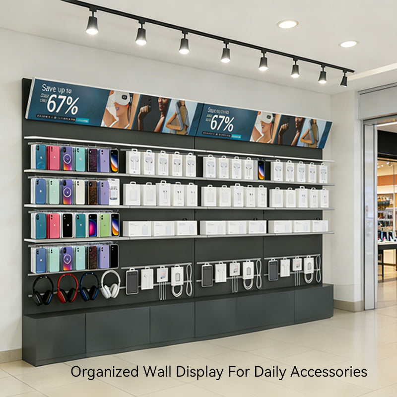 metal wall display cabinet of mobile accessories with promotional banner in a retail store