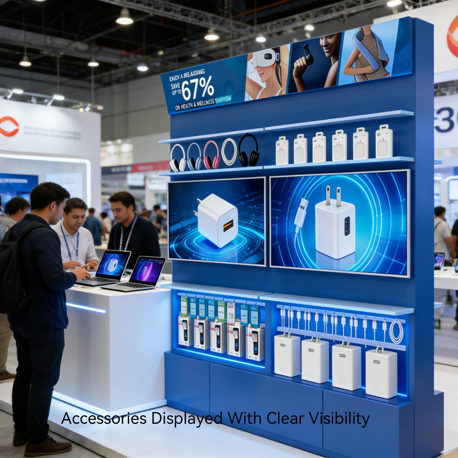 metal wall mobile accessory display cabinet loaded with phone accessories in retail environment for easy browsing
