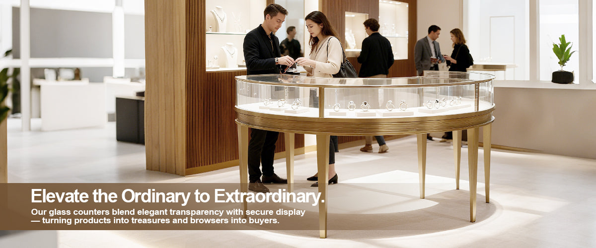 Modern retail display with glass counter and people interacting