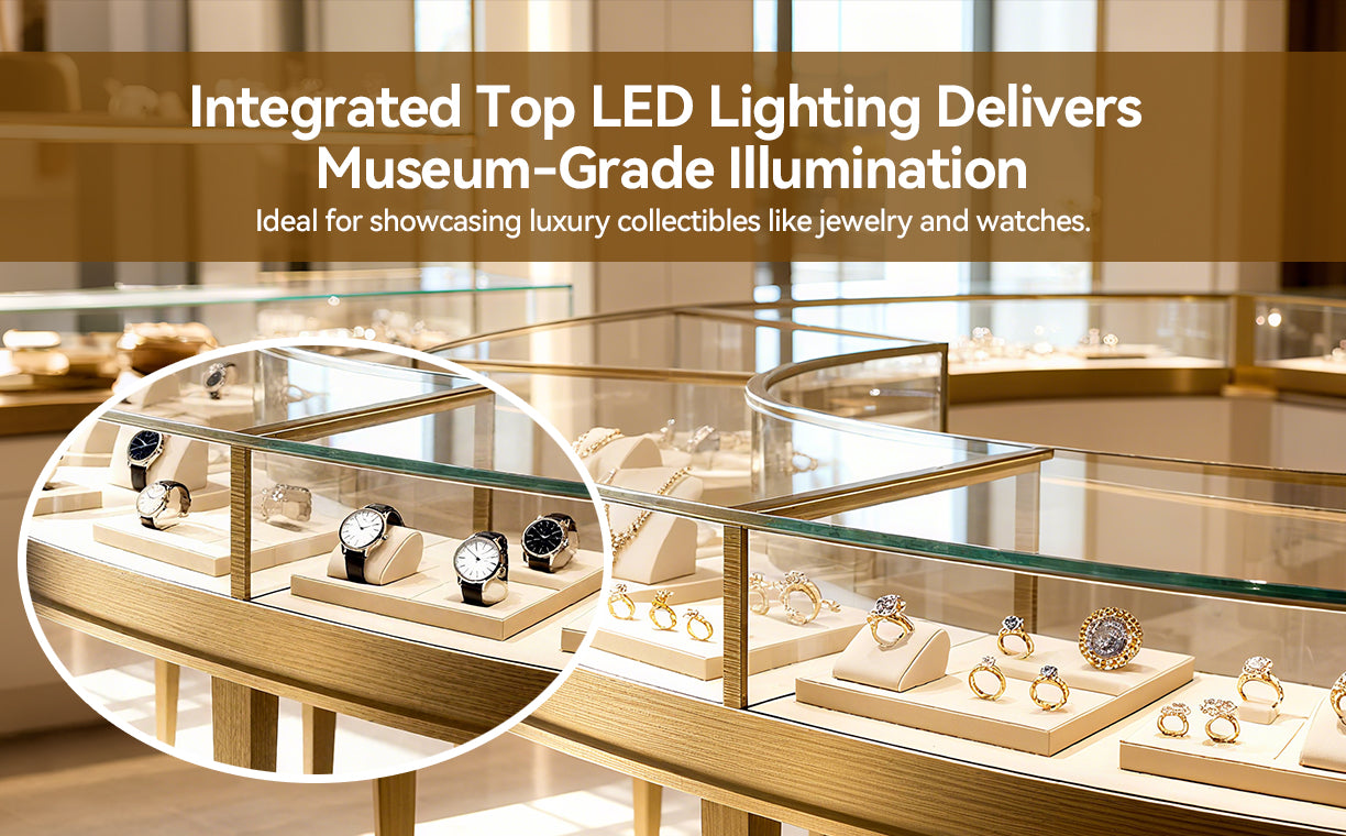 Jewelry display case with integrated LED lighting in a museum setting